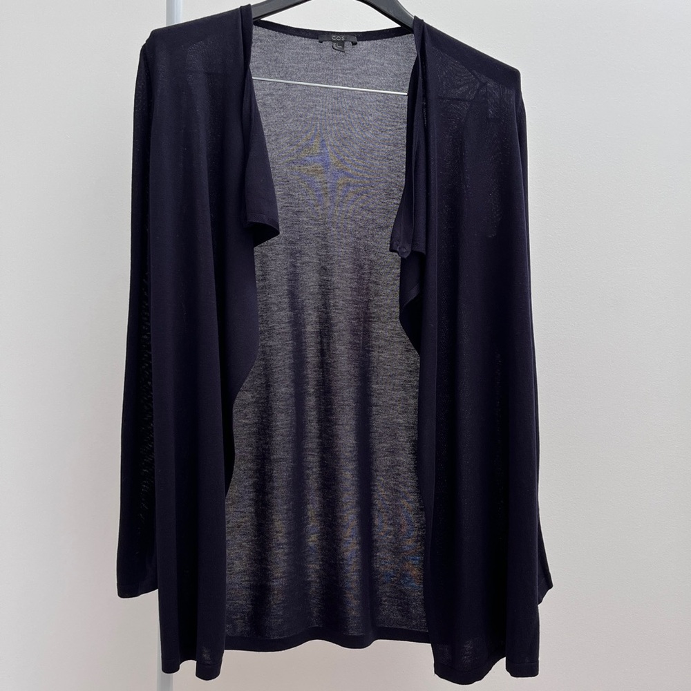 COS open front wrap drape cardigan S navy blue button shoulder timeless